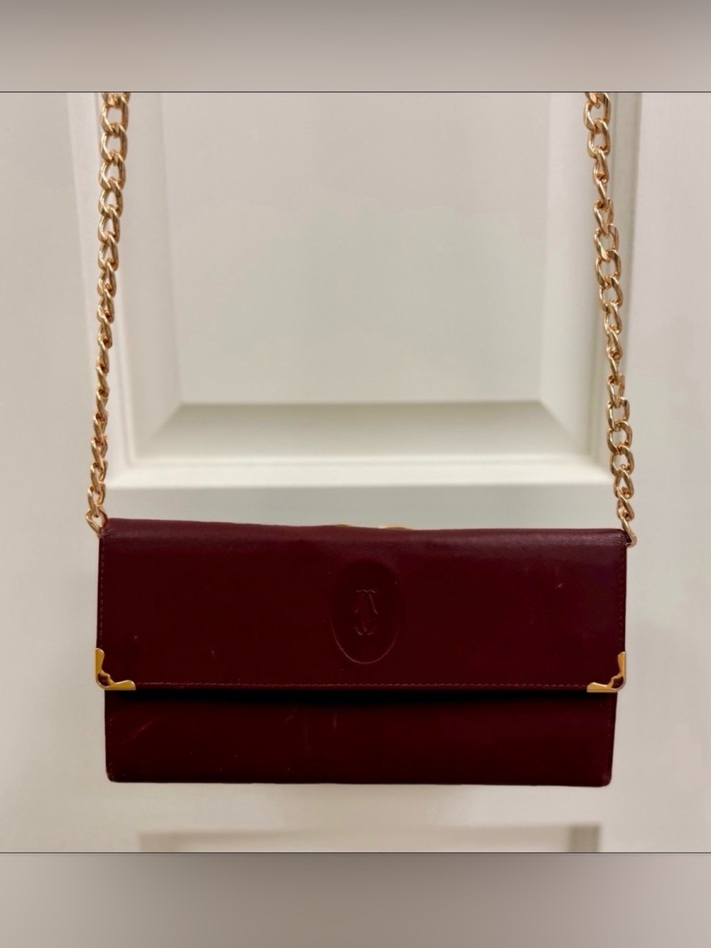 CARTIER Vintage Signature Iconic Burgundy Leather Kiss-Lock Wallet W/ Crossbody